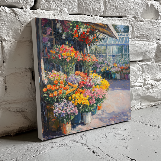 A vibrant and colourful oil style canvas of a flower market and greenhouse, resting on a white brick wall.