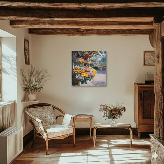 A vibrant and colourful oil style canvas of a flower market and greenhouse, in a sunlit rustic cottage