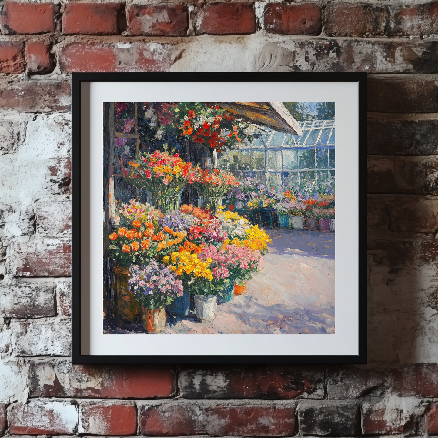 A vibrant and colourful oil style print of a flower market and greenhouse, framed on a brick wall.