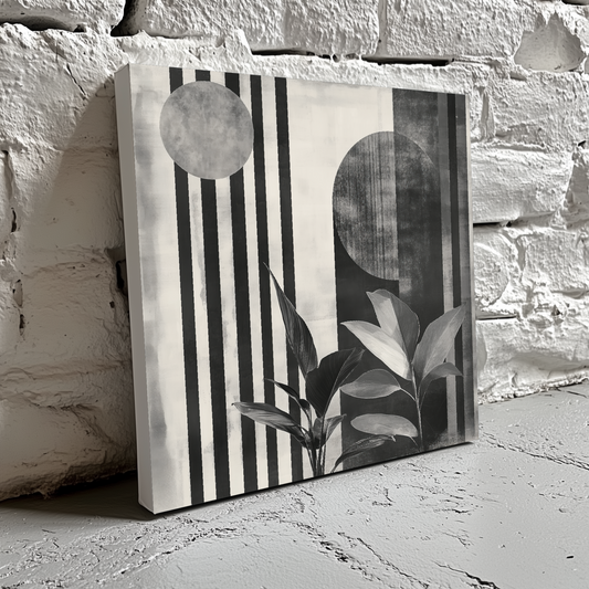 A black and white moody canvas of tropical plants and geometric lines and circles in a minimalist Bauhaus style, resting on a brick wall.