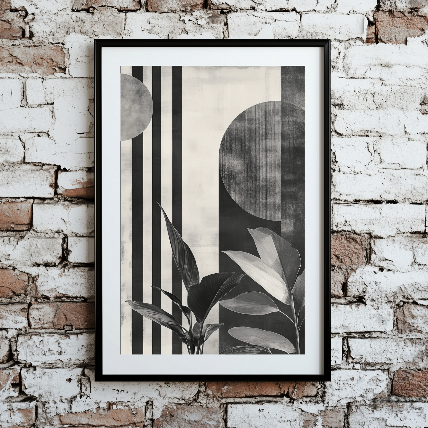 A black and white moody print of tropical plants and geometric lines and circles in a minimalist Bauhaus style, framed on a brick wall.