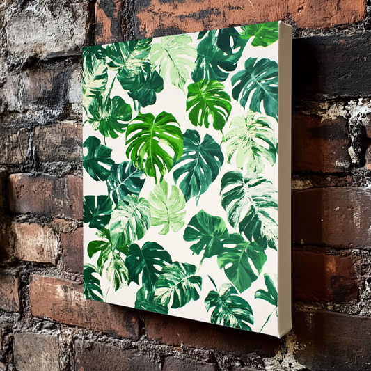 A vibrant and bright plant pattern canvas of monstera leaves, in different shades of green and some variegated with white, mounted on an exposed brick wall.
