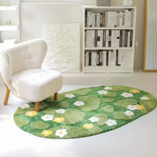 An image of the Plantish Mossy Daisies Rug on the floor of a living room, a white chair positioned half on the rug, and a minimalist white bookshelf behind.