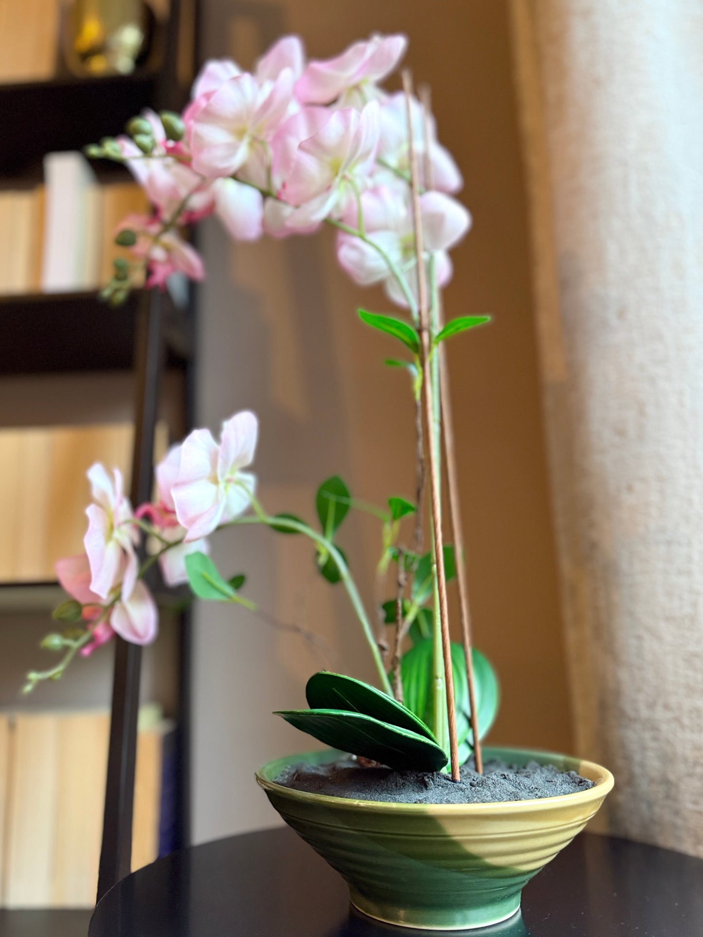 Back view of the Plantish artificial Orchid, showcasing the full plant including the pink flowers, green stems, and shallow ceramic pot.