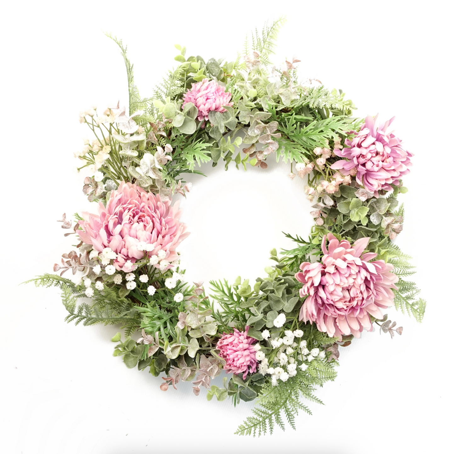 The Plantish 45cm Pink Peony Wreath shown front-on, highlighting the pink peonies, green leaves and fronds, and small white flowers.