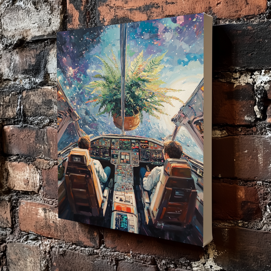 A surreal, colourful canvas of two astronauts flying a spaceship towards a giant potted fern through blue and purple space, mounted on an exposed brick wall.