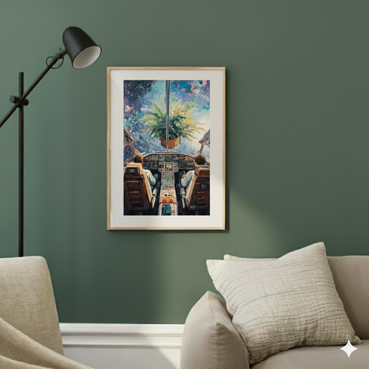 A surreal, colourful print of two astronauts flying a spaceship towards a giant potted fern through blue and purple space, in a contemporary sunlit living room