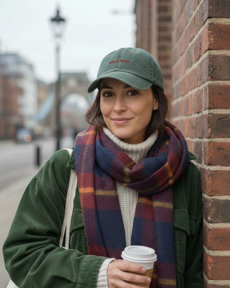 A woman wearing a Plantish Plant Lover Hat in Vintage Bottle Green with Maroon embroidery. She's wearing a green coat, tartan scarf, and is leaning on a brick wall