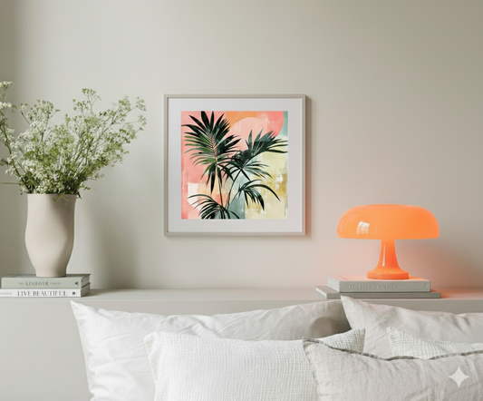 A bright print of green tropical palm leaves on an abstract red yellow and blue shapes background, in a bright modern living room