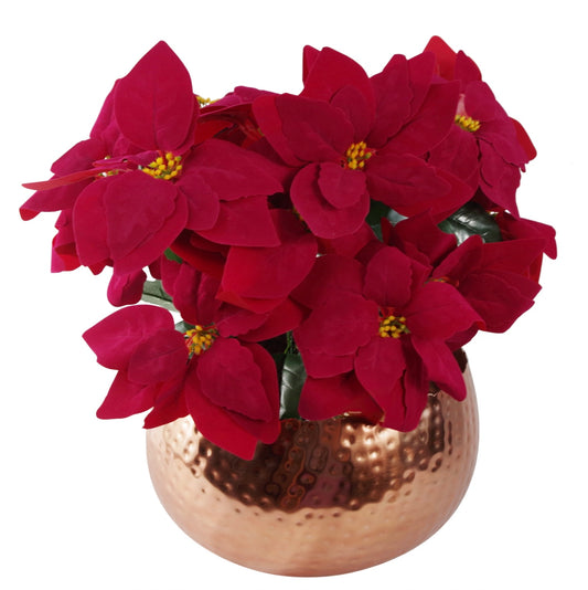 The Plantish Prancer the Artificial Red Poinsettia inside our Hammered Metal Pot. The red petals, yellow flowers and green leaves are shown on a white background.