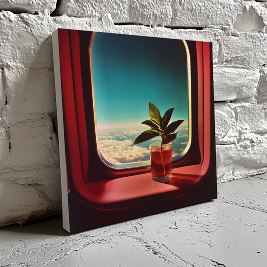 A nostalgic and edgy canvas of a propagating green plant in a glass on a pink plane window with blue sky, resting on a brick wall.