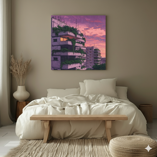 A brooding canvas of a grey apartment overgrown with green plants and a purple sky, in a cosy neutral bedroom