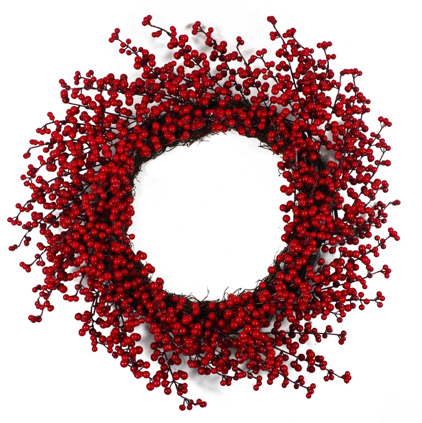The Plantish 60cm Red Winter Berry Wreath shown from the front, showcasing the red berries and natural woven ring in detail.