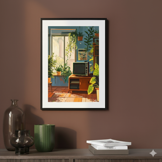 A cosy print of a blue walled lounge with wooden furniture, green houseplants and a retro tv, in a contemporary mauve room