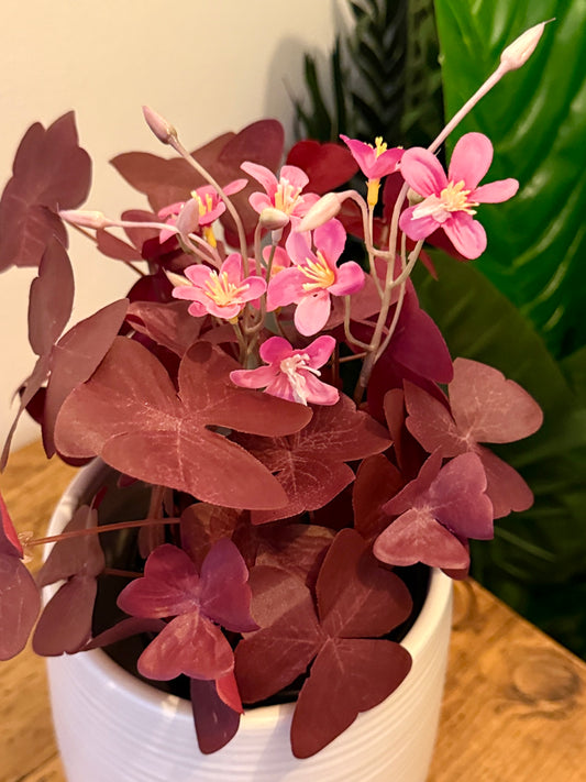Close-up of the Plantish artificial Purple Shamrock, focusing on the flowers and lifelike purple leaves, displayed in the white grooved ceramic pot.