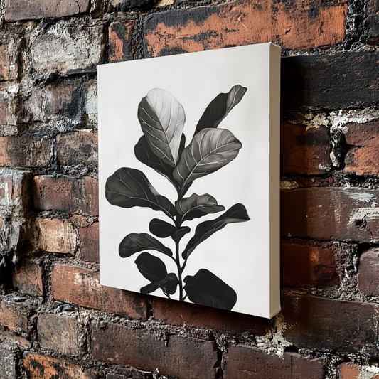A monotone and minimalist line drawing canvas of a lush fiddle-leaf fig viewed from the side, mounted on an exposed brick wall.