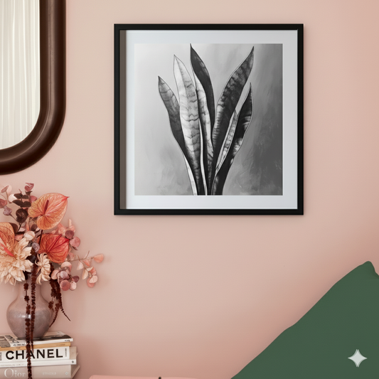 A black and white line drawing print of a detailed snake plant, in a vibrant pink room.