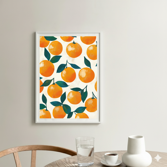 A nostalgic and stencilled pattern print print of orange fruit with green leaves and stems attached to them and on a white background, in a bright and neutral kitchen.