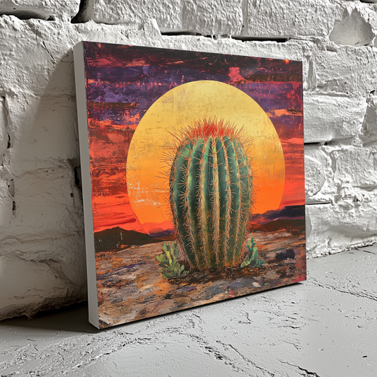 A moody canvas of a spiky green cactus in the desert with a giant sunset casting an orange and purple sky, resting on a brick wall.