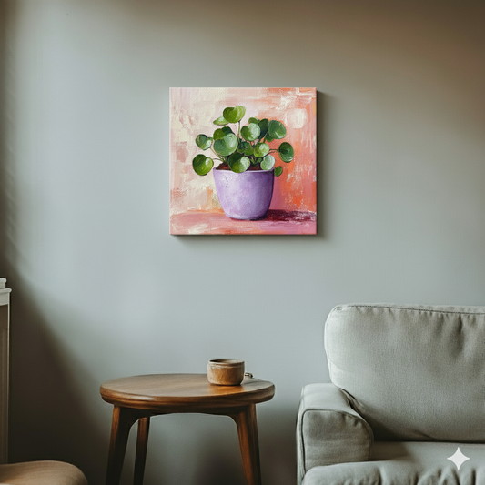A vibrant bright canvas of a green chinese money plant in a purple pot on a red and white brushstroke background, in a cool retro living room.