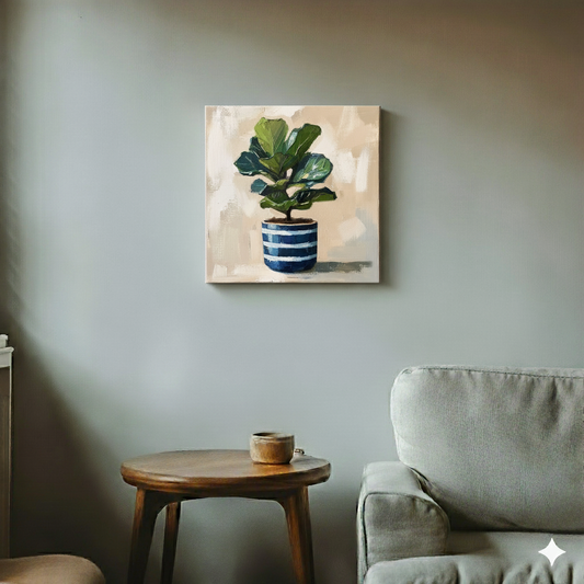 An acrylic painted style canvas of a green fiddle-leaf fig in a blue and white striped pot on a soft white background, in a cool retro living room