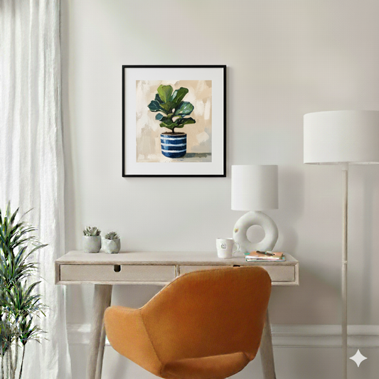 An acrylic painted style print of a green fiddle-leaf fig in a blue and white striped pot on a soft white background, in a bright modern desk area