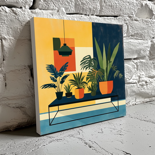 A retro canvas of a table topped with green tropical plants in pots in front of a yellow and blue wall, resting on a brick wall.