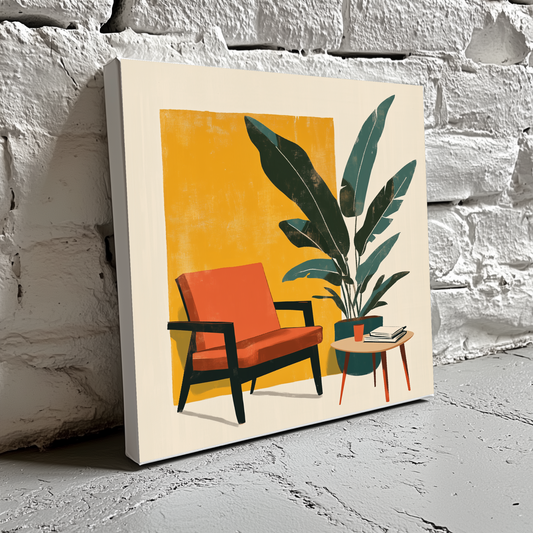 A minimalist canvas of a green houseplant next to a retro orange chair and table with a yellow square behind, resting on a brick wall.