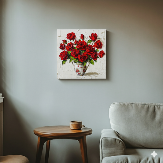 A vibrant acrylic canvas of bright red roses in a white decorative vase with a white broad stroke background, in a cool retro living room