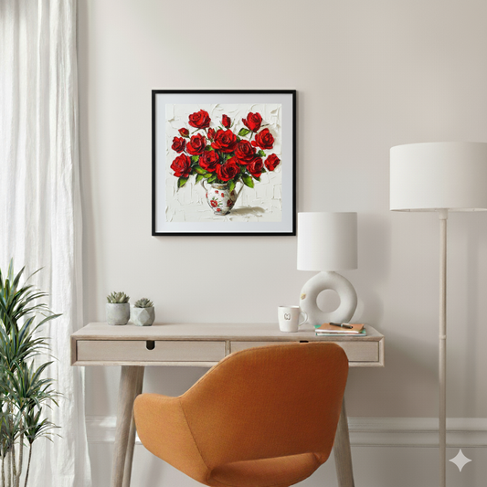 A vibrant acrylic print of bright red roses in a white decorative vase with a white broad stroke background, in a bright modern desk area