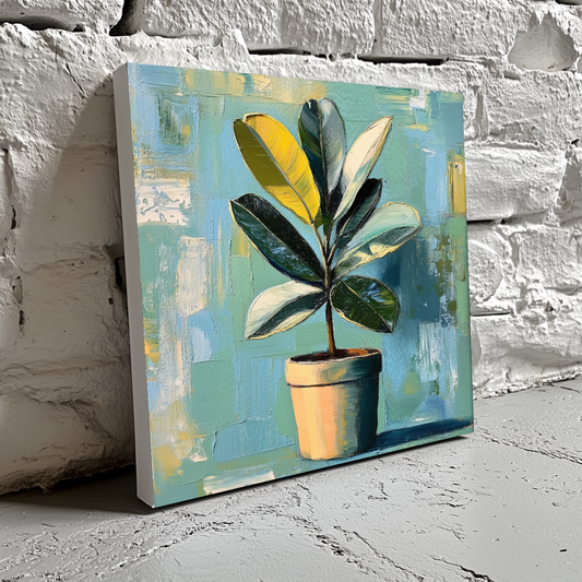 A bright acrylic canvas of a green and yellow rubber plant in a brown pot on a blue and teal background, resting on a brick wall.