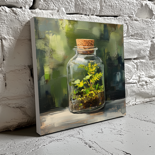 An acrylic painted style canvas of a vibrant glass terrarium full of plants with an earthy background, resting on a white brick wall.