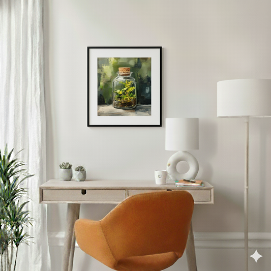 An acrylic painted style print of a vibrant glass terrarium full of plants with an earthy background, in a bright modern desk area