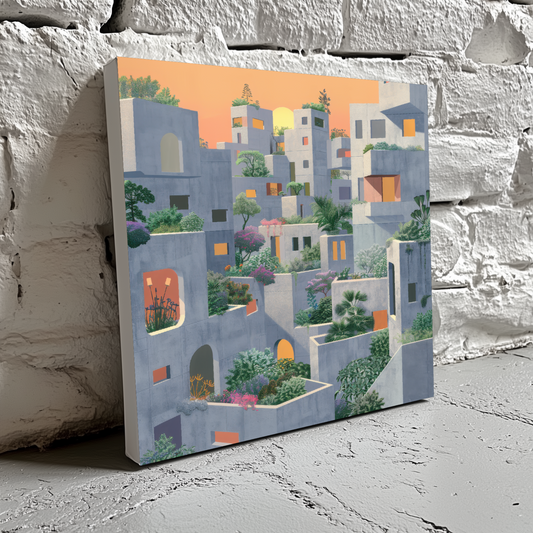 A cool and earthy canvas of a grey city full of green plants and a sunlit orange sky, resting on a brick wall.