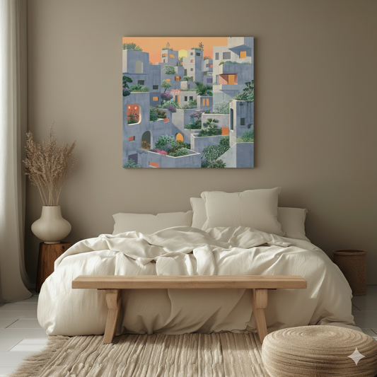 A cool and earthy canvas of a grey city full of green plants and a sunlit orange sky, in a cosy neutral bedroom