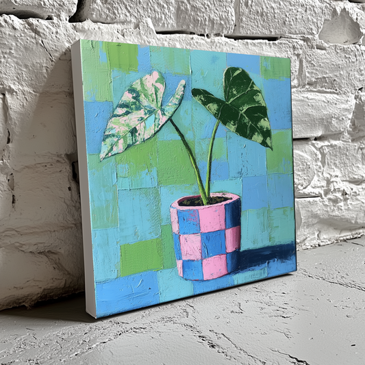 An acrylic painted style canvas of a variegated green alocasia in a blue and pink checked pot with a green and blue background, resting on a white brick wall.