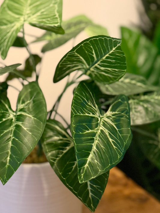 Back view of the Plantish artificial dark green Taro, zoomed in on the detailed leaves. The plant is in a white ceramic pot.
