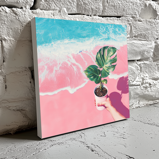 A surreal and vibrant canvas of a green monstera in held in a cup on a pink beach with blue water, leaning on a brick wall.