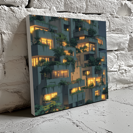 A moody canvas of a grey urban warmly lit apartments and green plants at night, resting on a brick wall.
