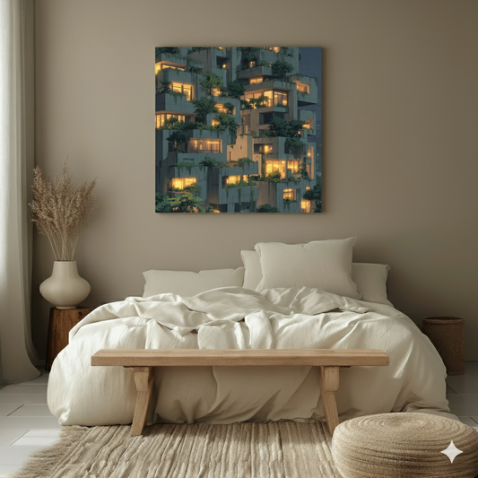 A moody canvas of a grey urban warmly lit apartments and green plants at night, in a cosy neutral bedroom