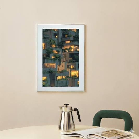 A moody print of a grey urban warmly lit apartments and green plants at night, in a modern bright kitchen