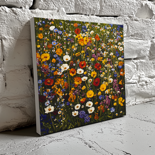 A vivid oil canvas of bright wildflowers in red yellow white blue orange and purple with deep green stems, resting on a brick wall.