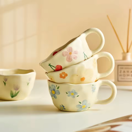 A close up of three Plantish Wonky Flower Mugs in Cherry Blossom, Blue Flower, and Orange Flower in a stack. The Purple Tulip variant is in the background and all are on a white table.
