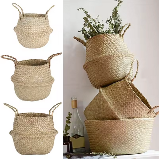 A split image of the Plantish Woven Wicker Basket, with the left side showing each size individually and the right side showing all three together.