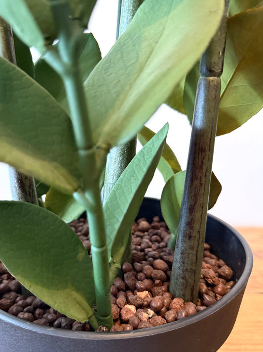 Close up of the base of the Plantish artificial Zanzibar Gem (ZZ plant), showcasing the stems and decorative stones in a black plastic pot.