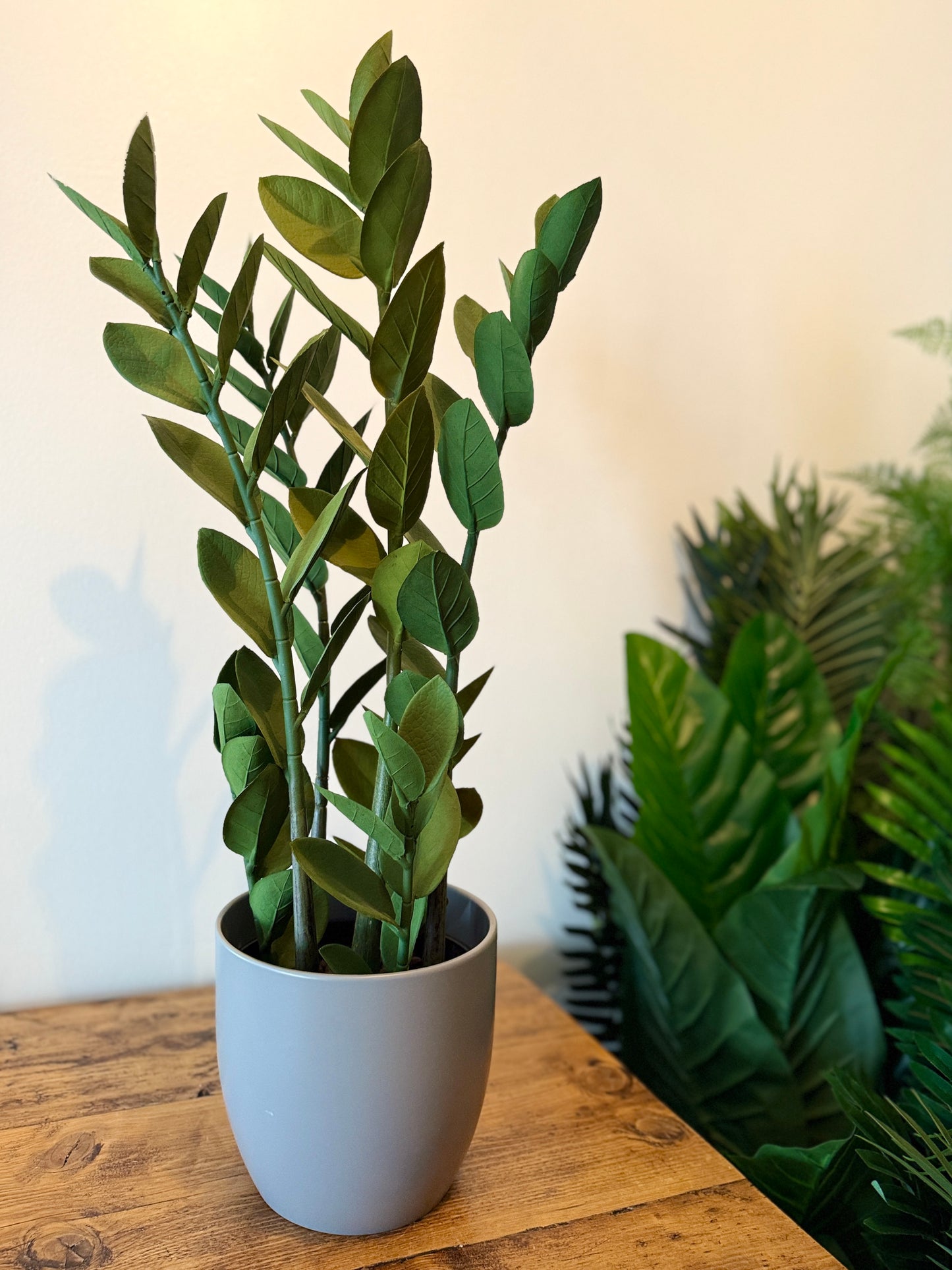Front view of the Plantish artificial Zanzibar Gem (ZZ plant) with glossy green leaves, potted in a decorative grey ceramic pot.