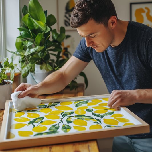 A man wiping a framed print with a white microfibre cloth