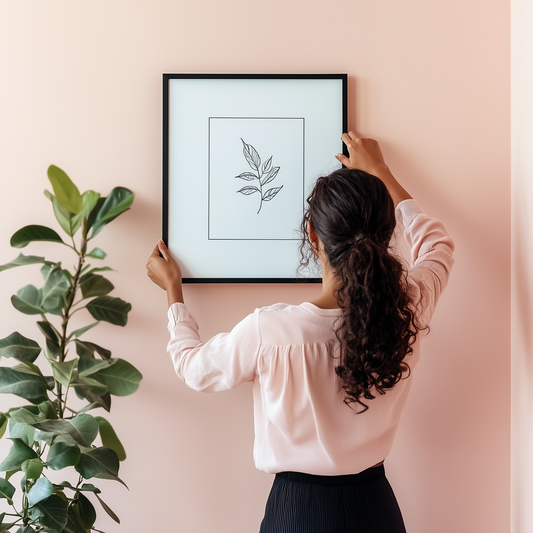 A woman hanging a piece of framed art on a pink wall