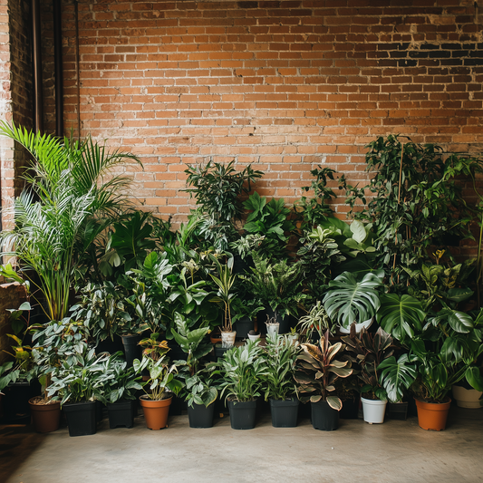 A large collection of green artificial plants in front of an exposed red brick wall