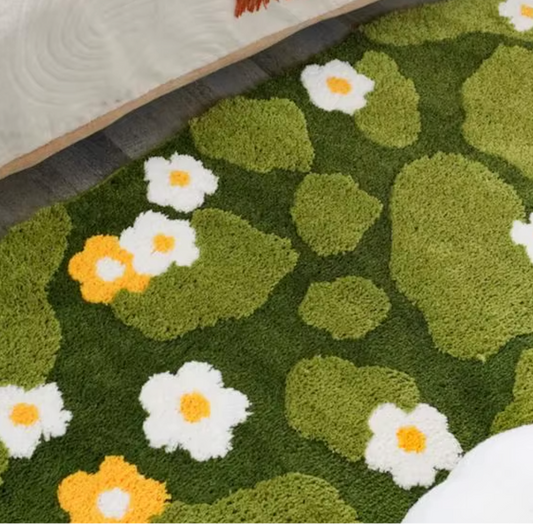 A close up of the Plantish Mossy Daisies Rug